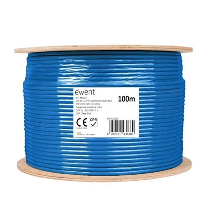 Cable de Red Cat6A U/UTP LSZH de 100m - Certificado CPR, 500MHz, 10 GBit Ethernet, PoE, Azul